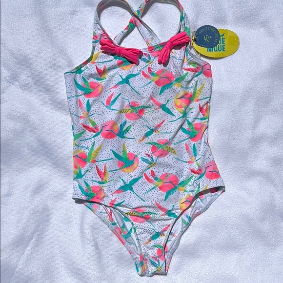 Pink and Green One Piece Swimwear with Tropical Print - Picture 1 of 6